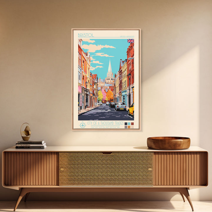 Bristol United Kingdom Travel Poster Framed Canvas Print, Midcentury Modern Art, Pop Art Wall Decor, Scenic Wall Art, Living Room Art