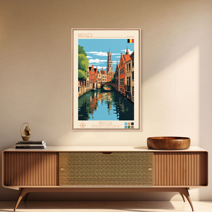 Bruges Belgium Travel Poster Framed Canvas Print, Vintage Style, Pop Art Home Decor, Scenic Wall Art, Living Room Decoration, Artistic Gift