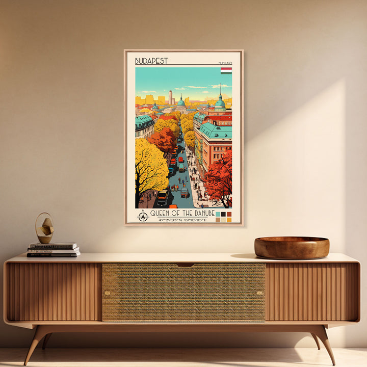 Budapest Hungary Travel Poster Framed Canvas Print, Vintage Style, Pop Art Home Decor, Scenic Wall Art, Living Room Decoration, Artistic Gift