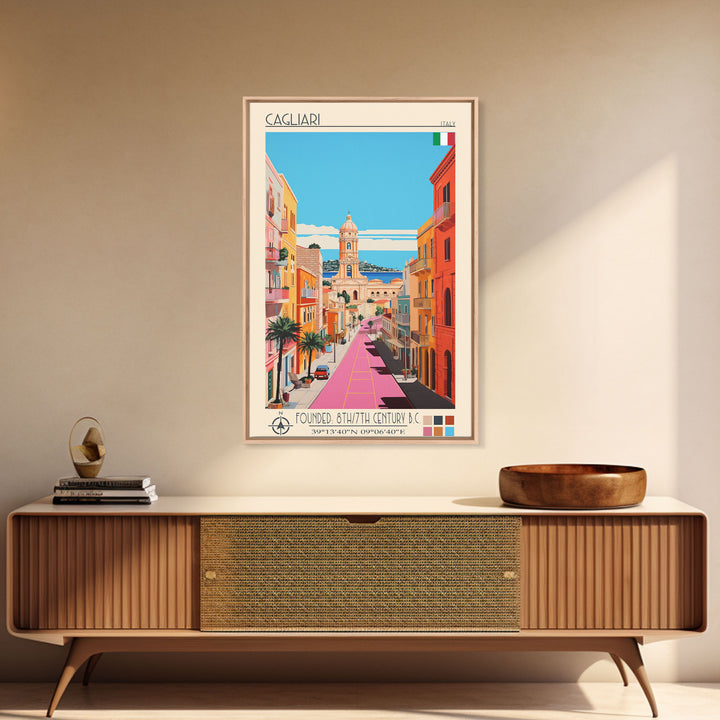 Cagliari Italy Travel Poster Framed Canvas Print, Midcentury Modern Art, Pop Art Wall Decor, Home Decor, Vacation Gift, Living Room Art