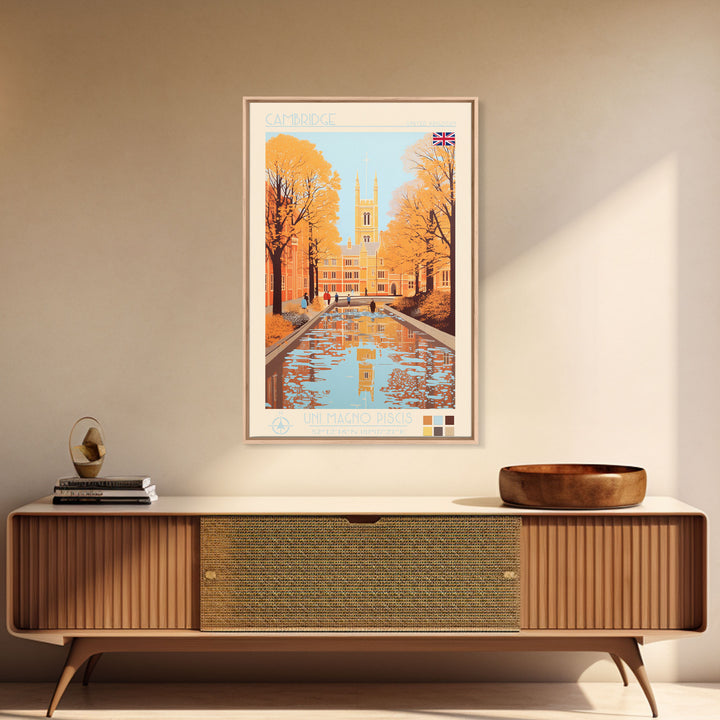 Cambridge United Kingdom Travel Poster Framed Canvas Print, Midcentury Modern Art, Pop Art Wall Decor, Home Decor, Vacation Gift, Living Room Art