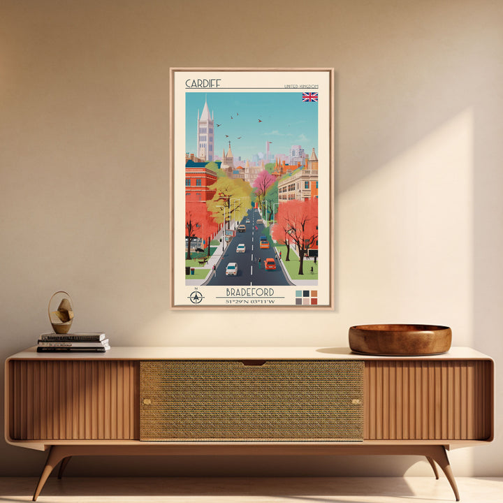 Cardiff United Kingdom Travel Poster Framed Canvas Print, Midcentury Modern Art, Pop Art Wall Decor, Home Decor, Vacation Gift, Living Room Art
