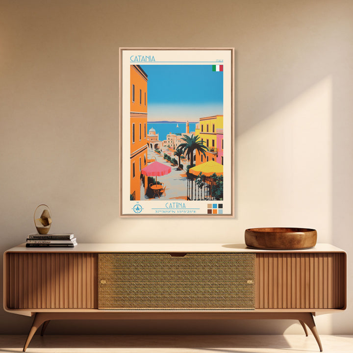 Catania Italy Travel Poster Framed Canvas Print, Vintage Style, Pop Art Home Decor, Scenic Wall Art, Living Room Decoration, Artistic Gift