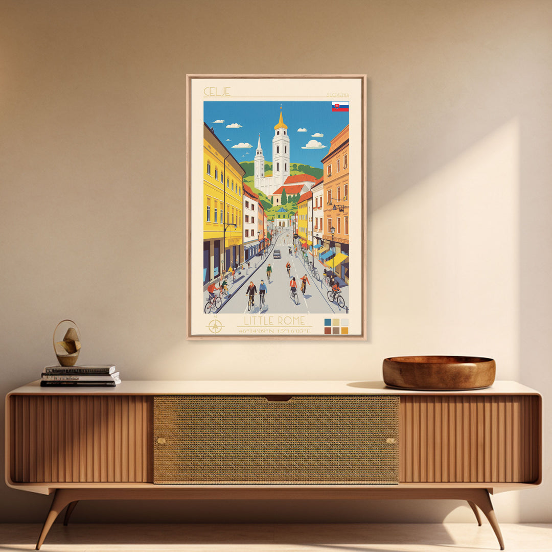 Celje Slovenia Travel Poster Framed Canvas Print, Midcentury Modern Art, Pop Art Wall Decor, Scenic Wall Art, Living Room Art