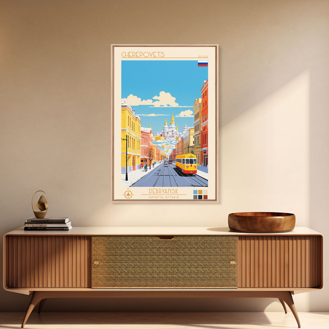 Cherepovets Russia Travel Poster Framed Canvas Print, Midcentury Modern Art, Pop Art Wall Decor, Home Decor, Vacation Gift, Living Room Art
