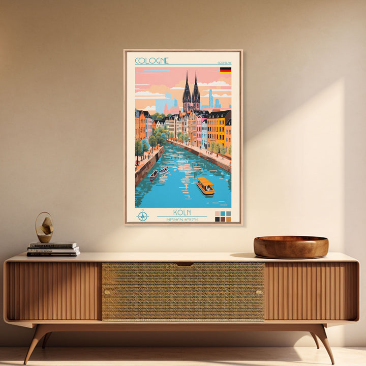 Cologne Germany Travel Poster Framed Canvas Print, Midcentury Modern Art, Pop Art Wall Decor, Scenic Wall Art, Living Room Art