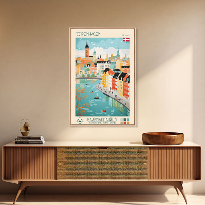 Copenhagen Denmark Travel Poster Framed Canvas Print, Vintage Style, Pop Art Home Decor, Scenic Wall Art, Living Room Decoration, Artistic Gift