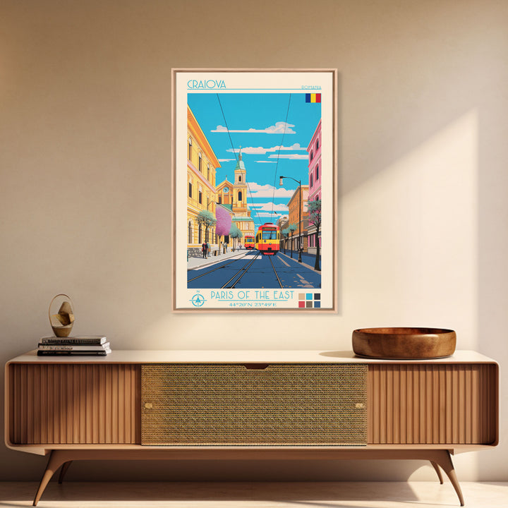 Craiova Romania Travel Poster Framed Canvas Print, Midcentury Modern Art, Pop Art Wall Decor, Home Decor, Vacation Gift, Living Room Art
