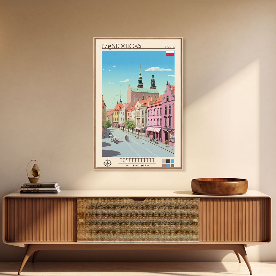 Częstochowa Poland Travel Poster Framed Canvas Print, Midcentury Modern Art, Pop Art Wall Decor, Home Decor, Vacation Gift, Living Room Art