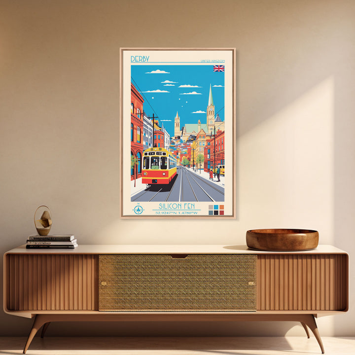 Derby United Kingdom Travel Poster Framed Canvas Print, Midcentury Modern Art, Pop Art Wall Decor, Scenic Wall Art, Living Room Art