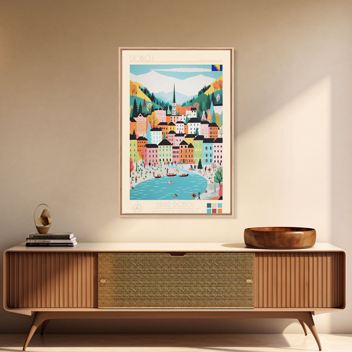 Doboj Bosnia and Herzegovina Travel Poster Framed Canvas Print, Midcentury Modern Art, Pop Art Wall Decor, Home Decor, Vacation Gift, Living Room Art
