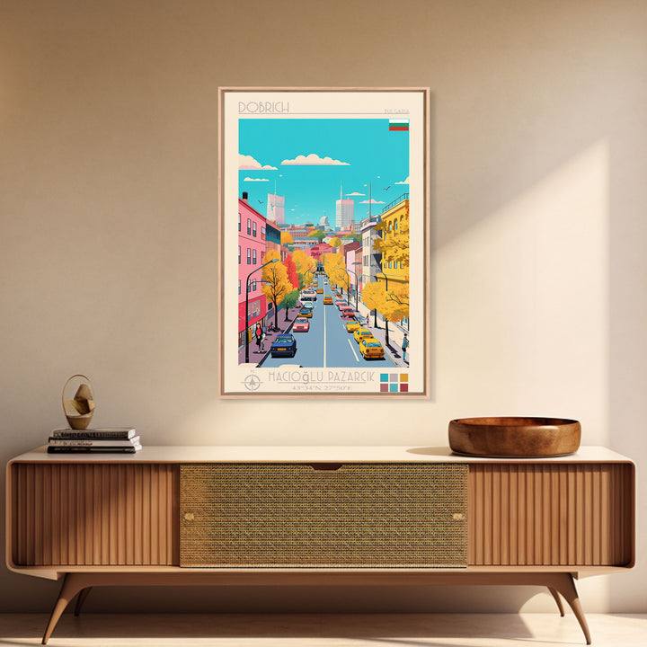Dobrich Bulgaria Travel Poster Framed Canvas Print, Midcentury Modern Art, Pop Art Wall Decor, Home Decor, Vacation Gift, Living Room Art