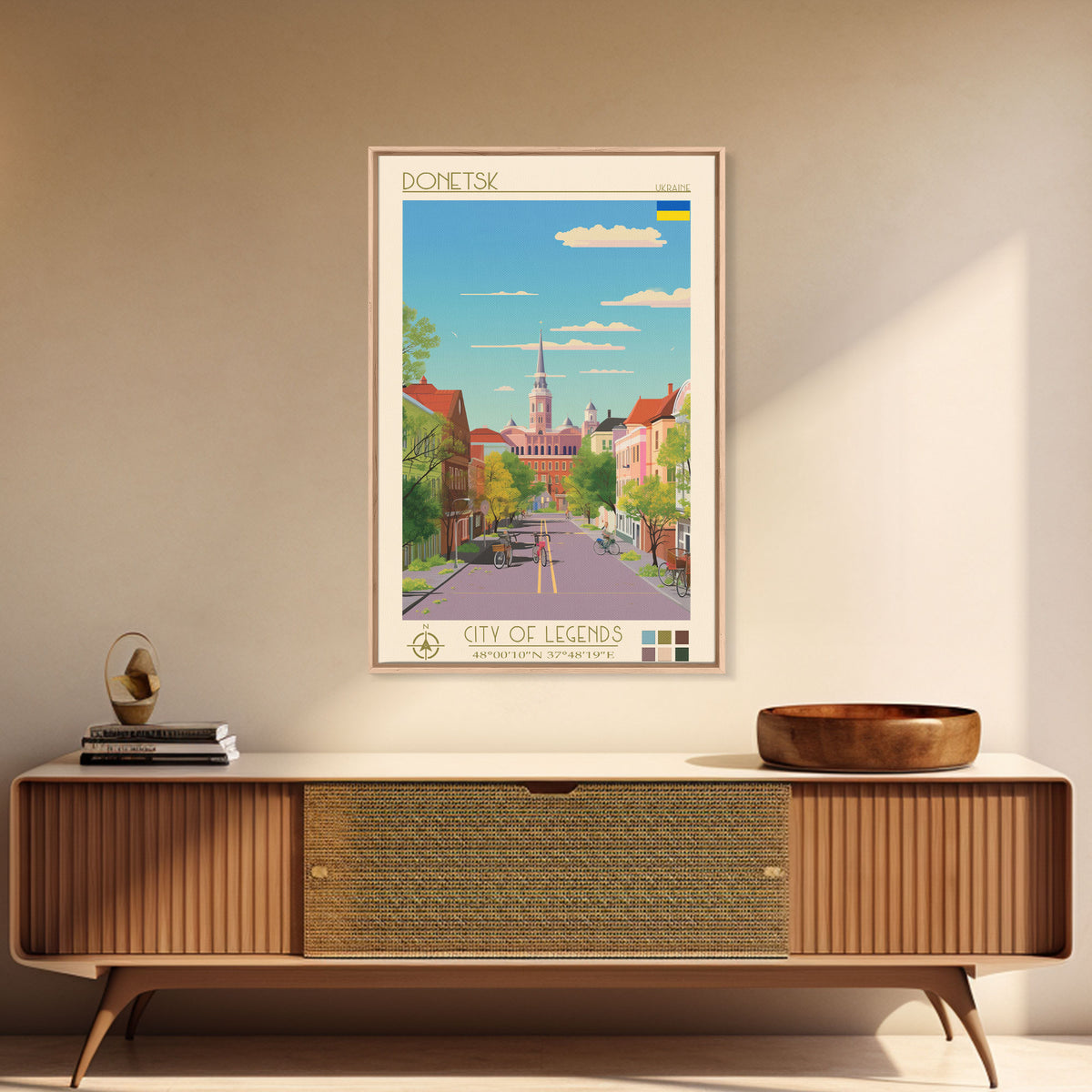 Donetsk Ukraine Travel Poster Framed Canvas Print, Midcentury Modern Art, Pop Art Wall Decor, Home Decor, Vacation Gift, Living Room Art
