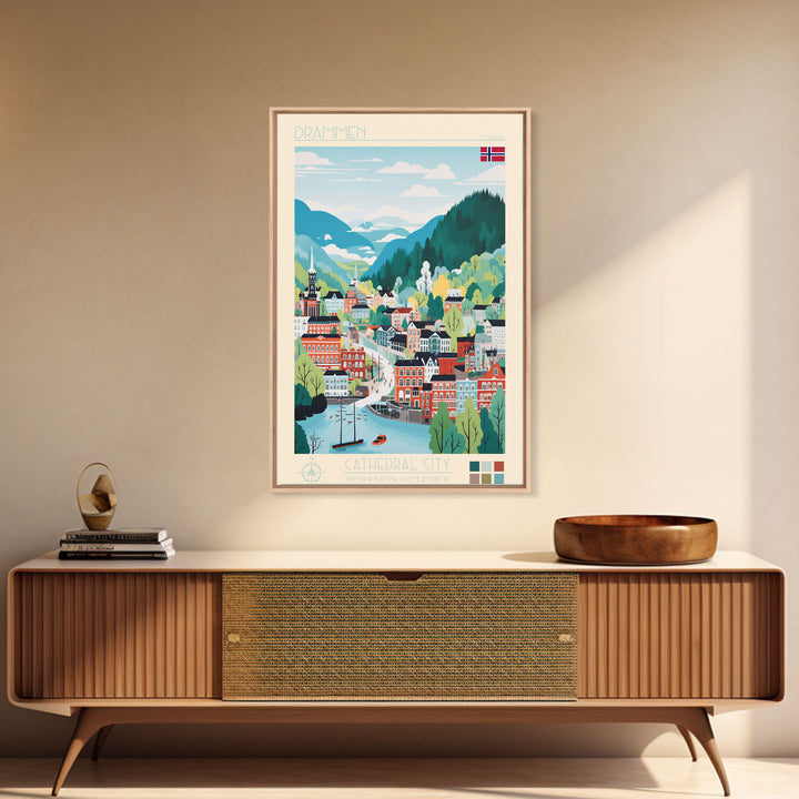 Drammen Norway Travel Poster Framed Canvas Print, Midcentury Modern Art, Pop Art Wall Decor, Home Decor, Vacation Gift, Living Room Art