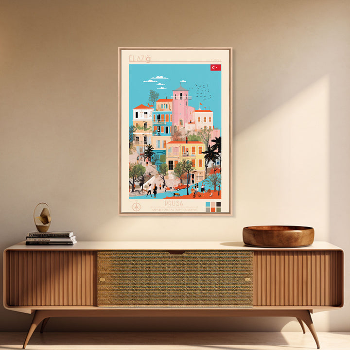 Elâzığ Turkey Travel Poster Framed Canvas Print, Midcentury Modern Art, Pop Art Wall Decor, Scenic Wall Art, Living Room Decoration, Office Art