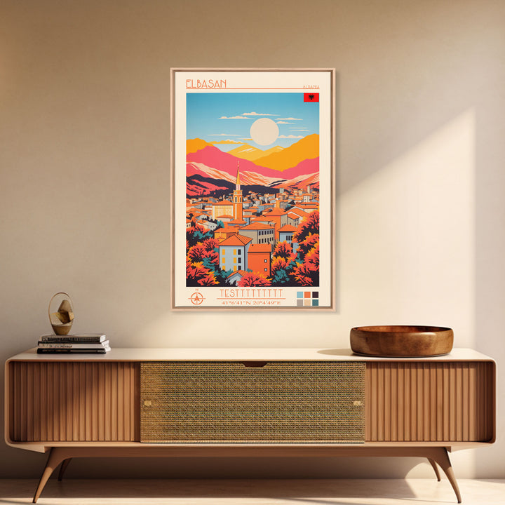 Elbasan Albania Travel Poster Framed Canvas Print, Midcentury Modern Art, Pop Art Wall Decor, Home Decor, Vacation Gift, Bedroom Art