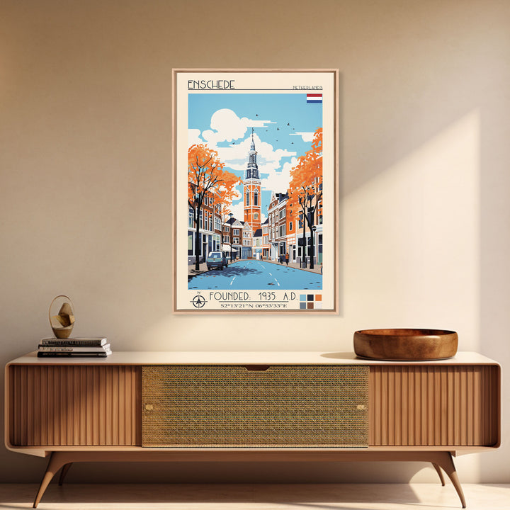 Enschede Netherlands Travel Poster Framed Canvas Print, Midcentury Modern Art, Pop Art Wall Decor, Scenic Wall Art, Bedroom Decoration