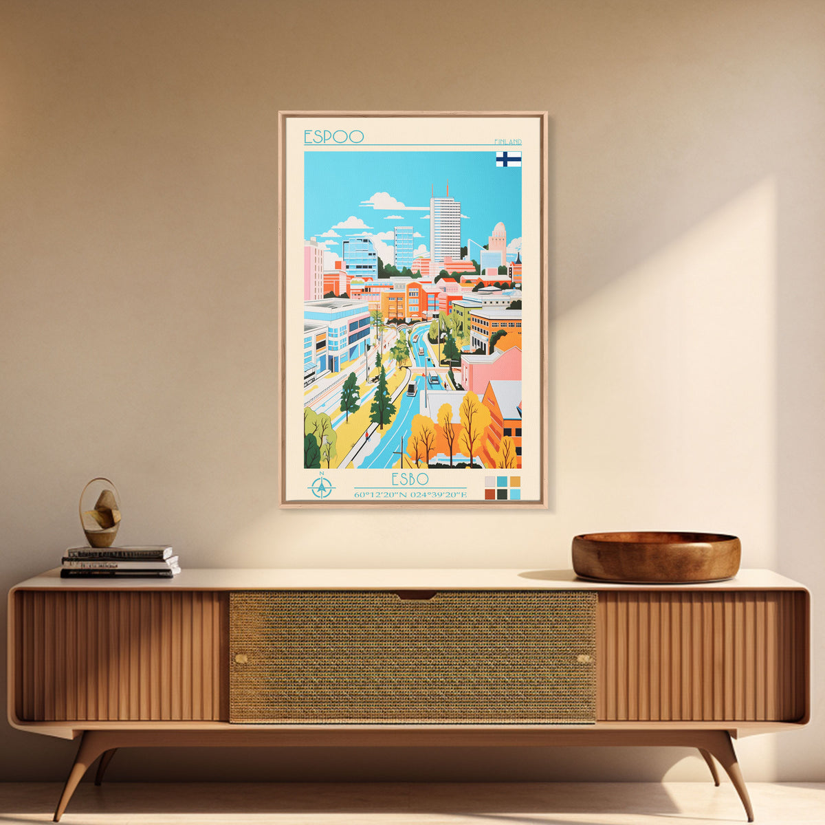 Espoo Finland Travel Poster Framed Canvas Print, Vintage Style, Pop Art Home Decor, Scenic Wall Art, Bedroom Decoration, Office Gift