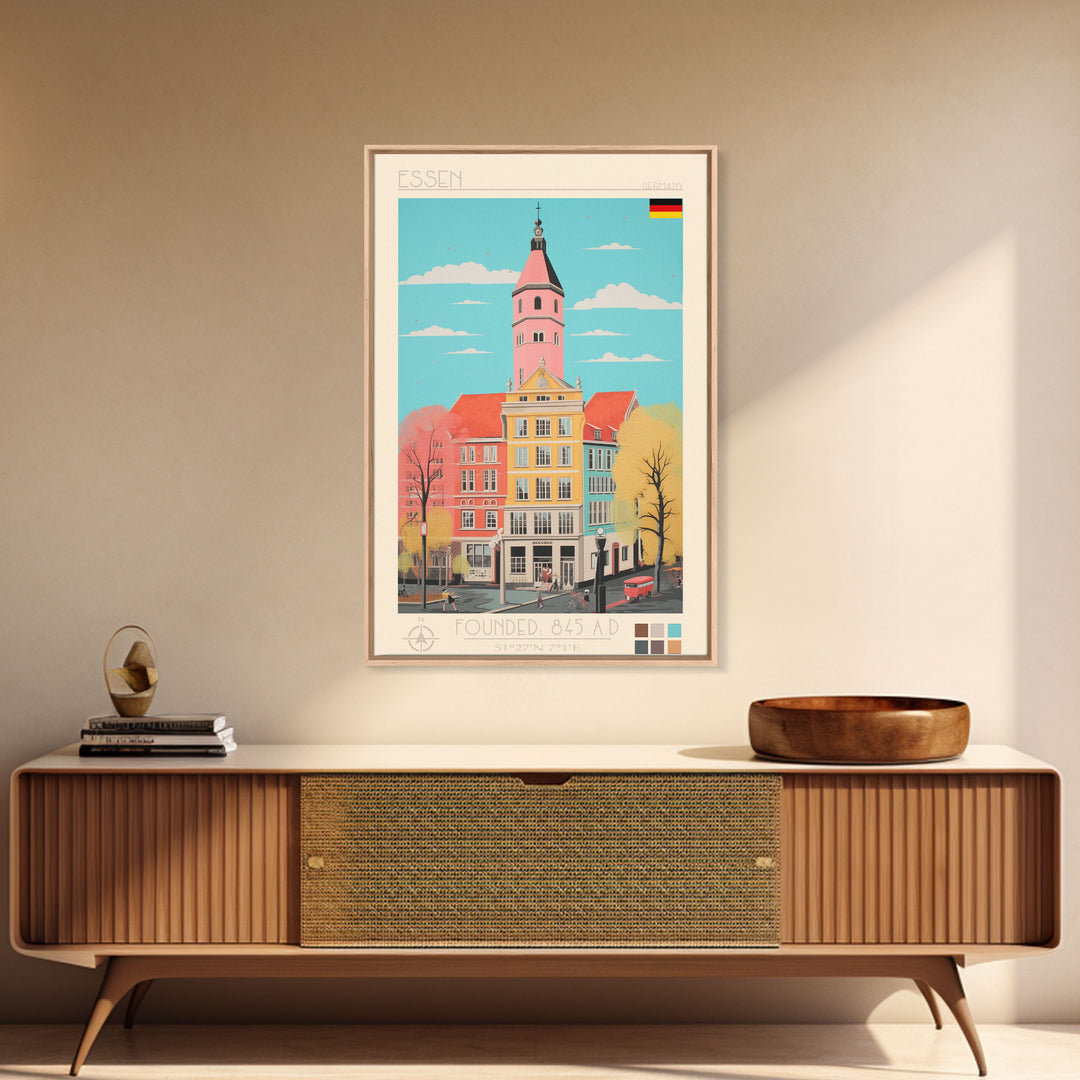 Essen Germany Travel Poster Framed Canvas Print, Midcentury Modern Art, Pop Art Wall Decor, Home Decor, Vacation Gift, Office Art