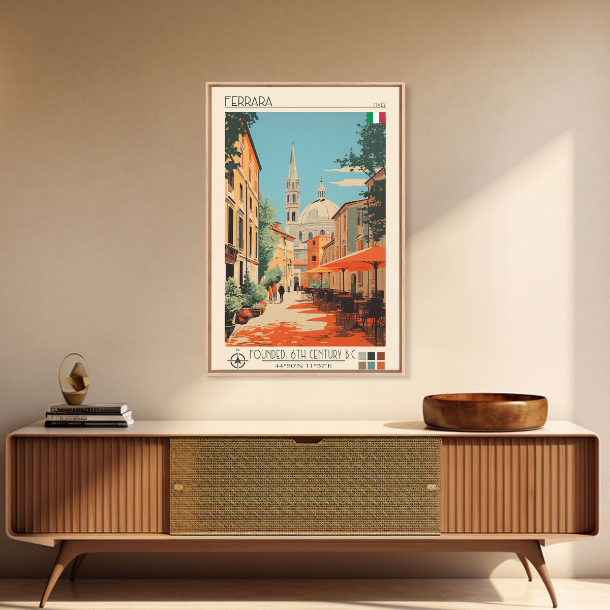 Ferrara Italy Travel Poster Framed Canvas Print, Midcentury Modern Art, Pop Art Wall Decor, Scenic Living Room Art, Bedroom Gift