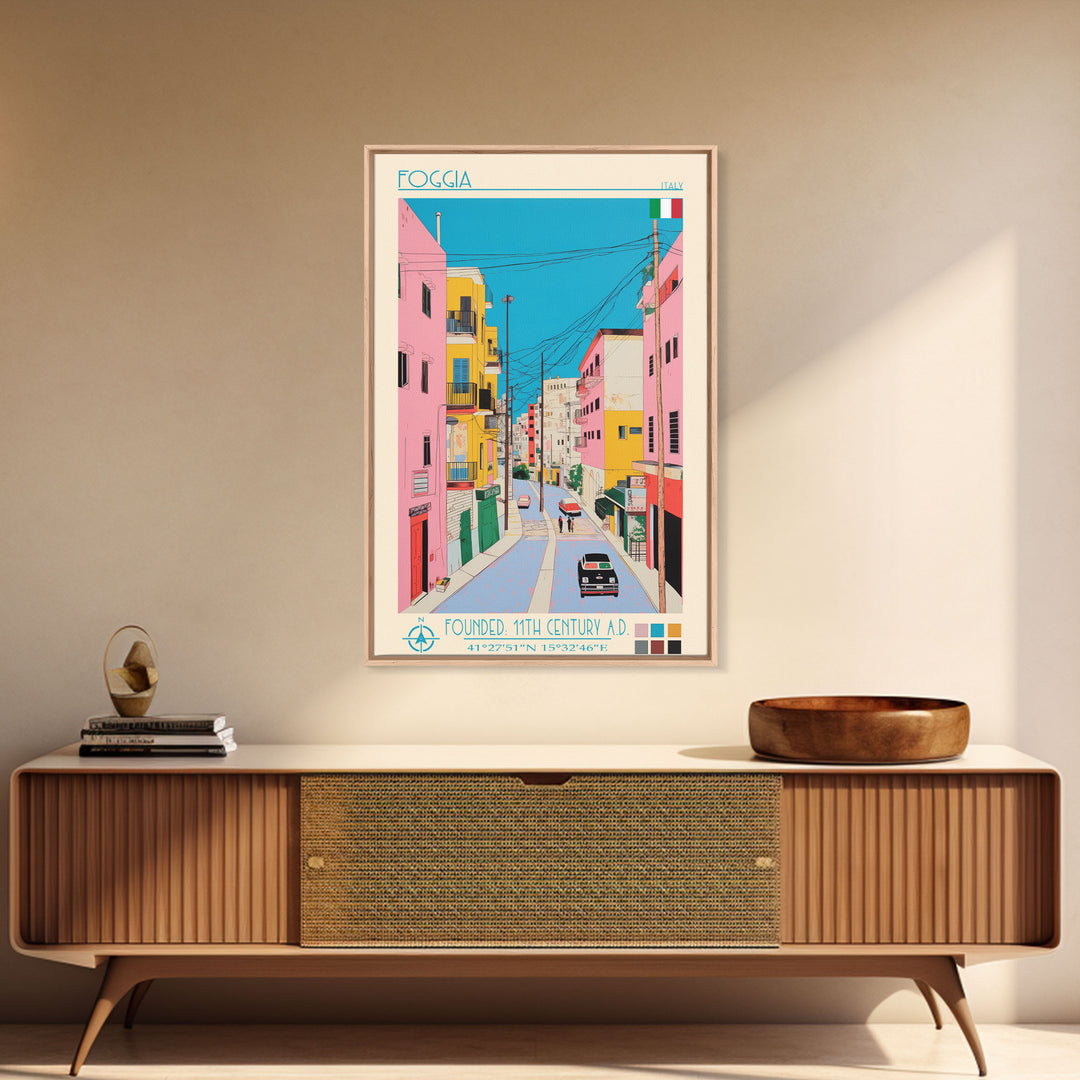 Foggia Italy Travel Poster Framed Canvas Print, Midcentury Modern Art, Pop Art Wall Decor, Home Decor, Vacation Gift, Bedroom Art