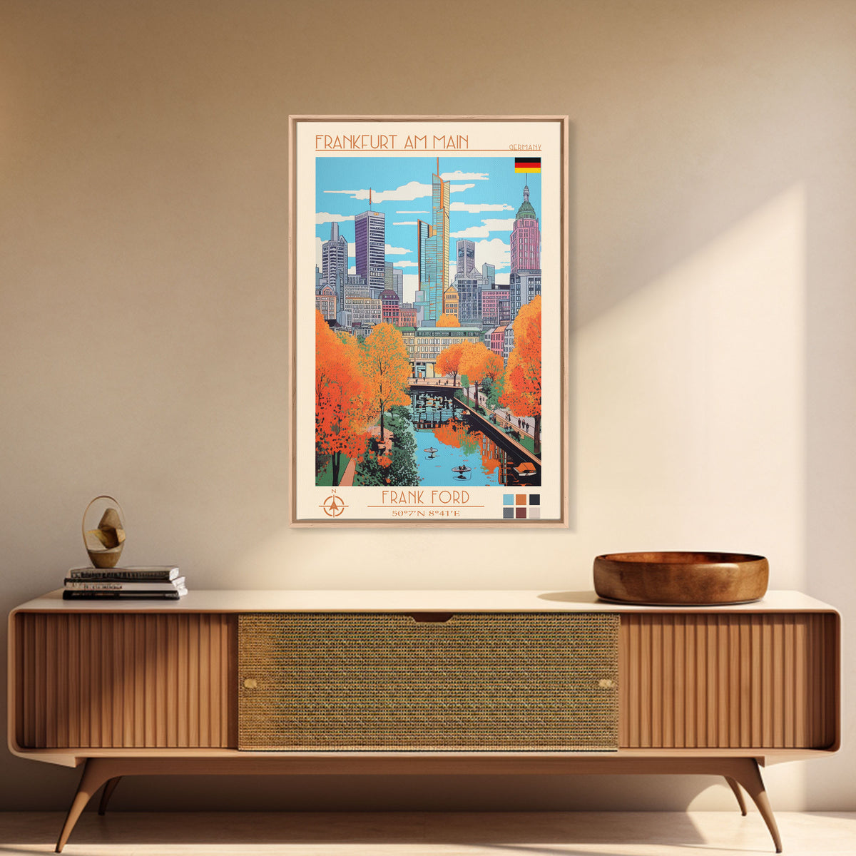 Frankfurt Germany Travel Poster Framed Canvas Print, Midcentury Modern Art, Pop Art Wall Decor, Scenic Wall Art, Living Room Decoration, Office Gift