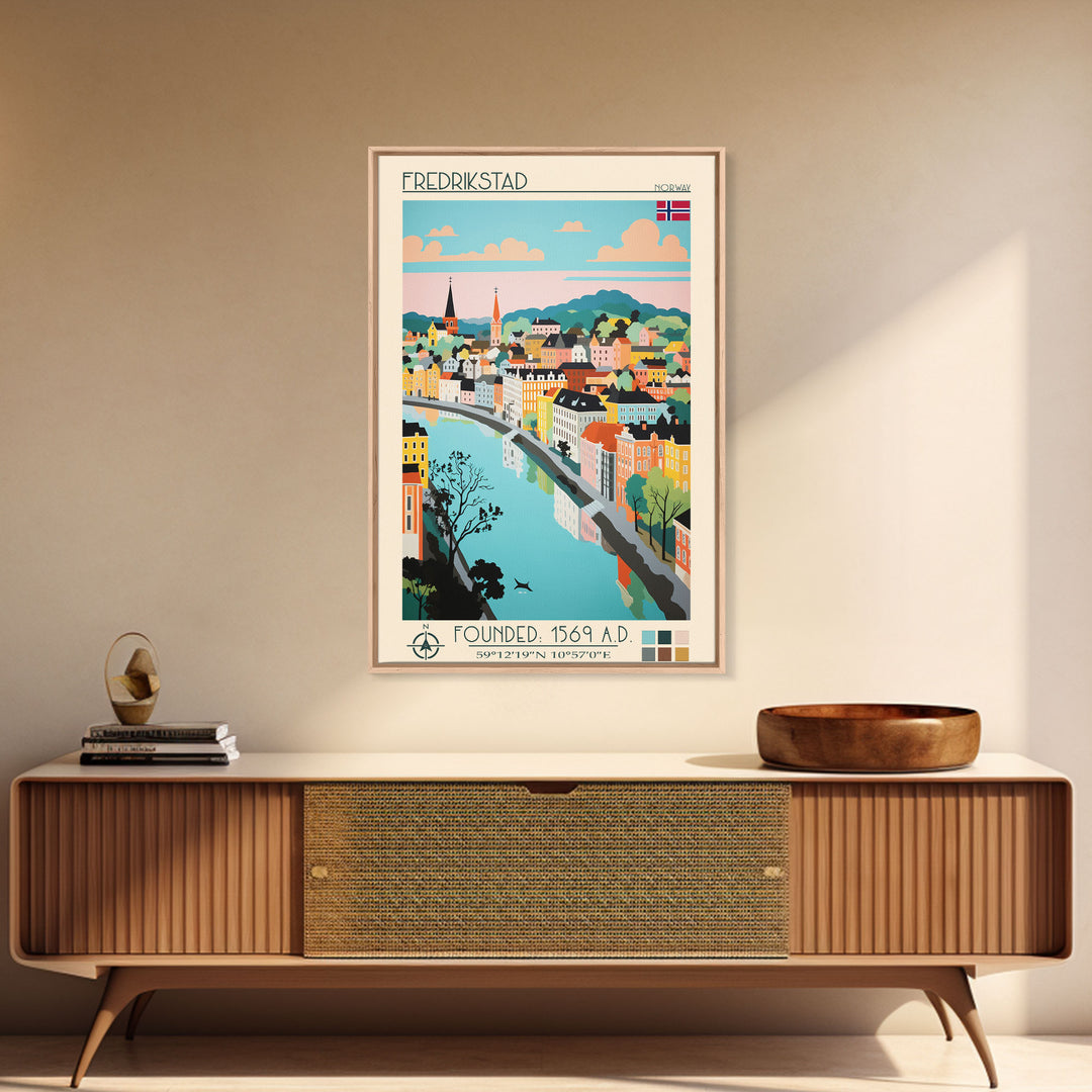 Fredrikstad Norway Travel Poster Framed Canvas Print, Midcentury Modern Art, Pop Art Wall Decor, Scenic Wall Art, Bedroom Decoration