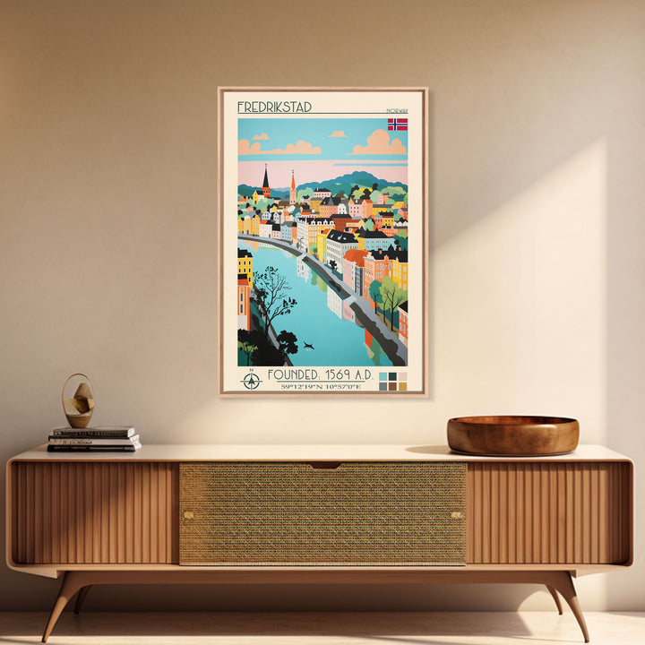 Fredrikstad Norway Travel Poster Framed Canvas Print, Midcentury Modern Art, Pop Art Wall Decor, Scenic Wall Art, Bedroom Decoration