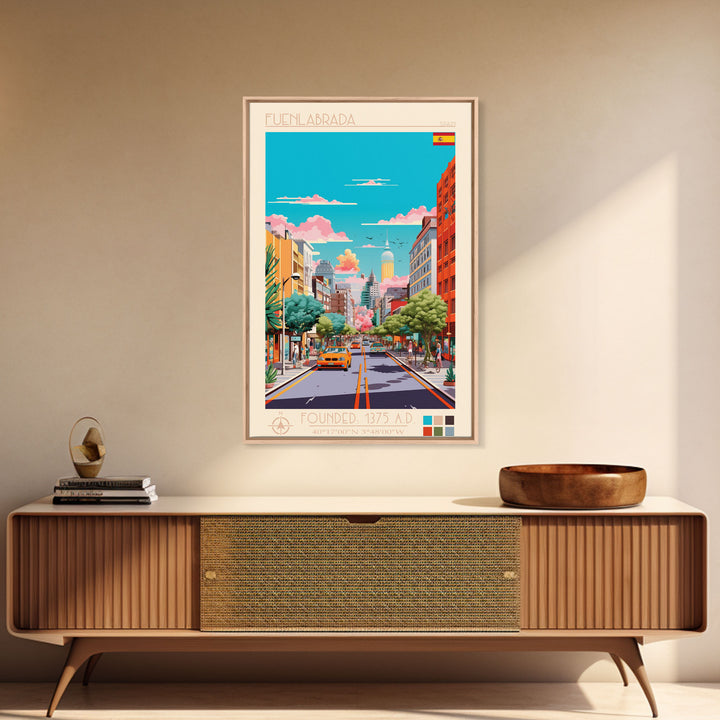 Fuenlabrada Spain Travel Poster Framed Canvas Print, Midcentury Modern Art, Pop Art Wall Decor, Scenic Wall Art, Living Room Decoration, Office Art