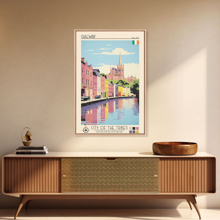 Galway Ireland Travel Poster Framed Canvas Print, Midcentury Modern Art, Pop Art Wall Decor, Scenic Bedroom Art, Office Decoration