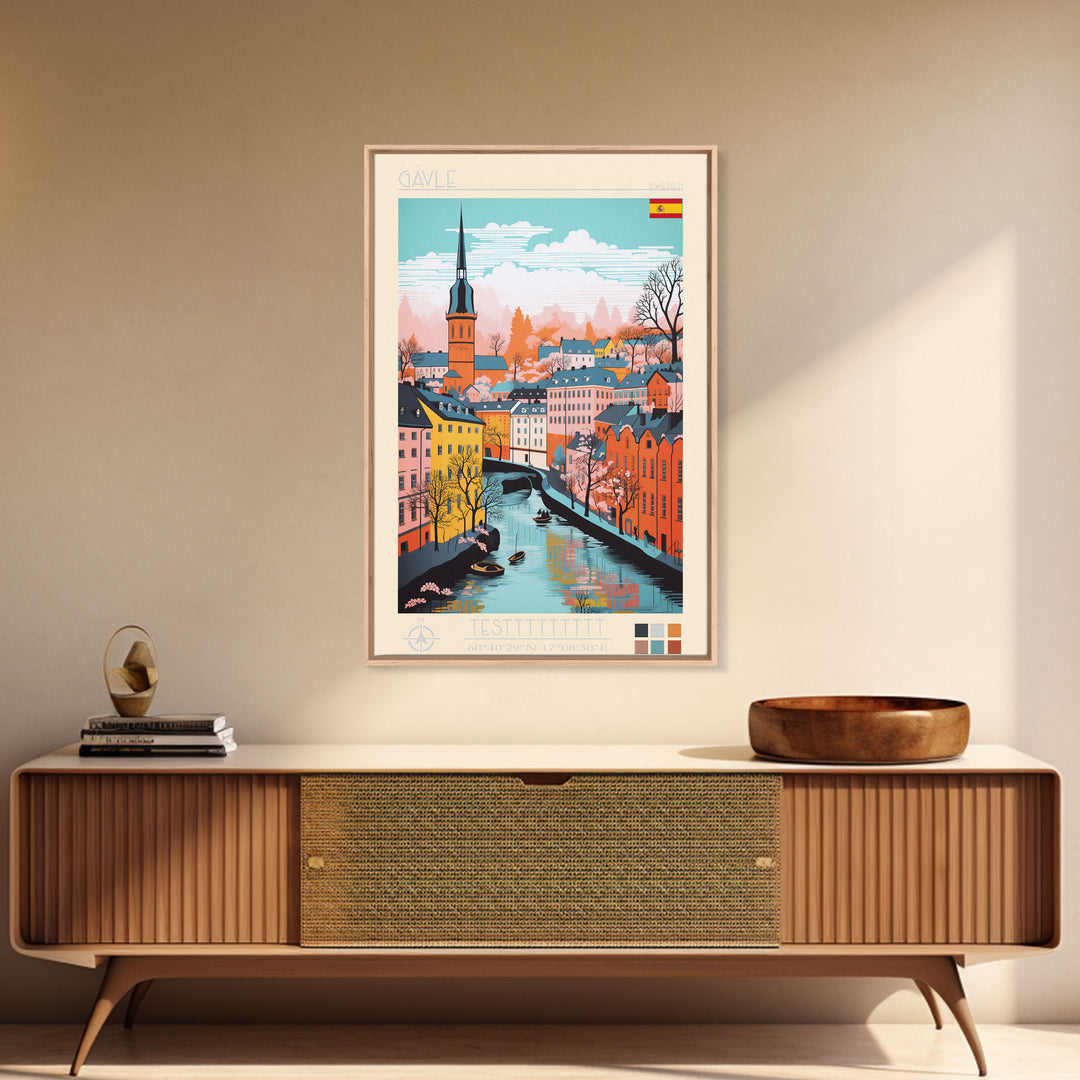 Gävle Sweden Travel Poster Framed Canvas Print, Midcentury Modern Art, Pop Art Wall Decor, Scenic Wall Art, Bedroom Decoration