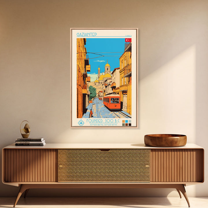 Gaziantep Turkey Travel Poster Framed Canvas Print, Midcentury Modern Art, Pop Art Wall Decor, Scenic Living Room Art, Bedroom Decor