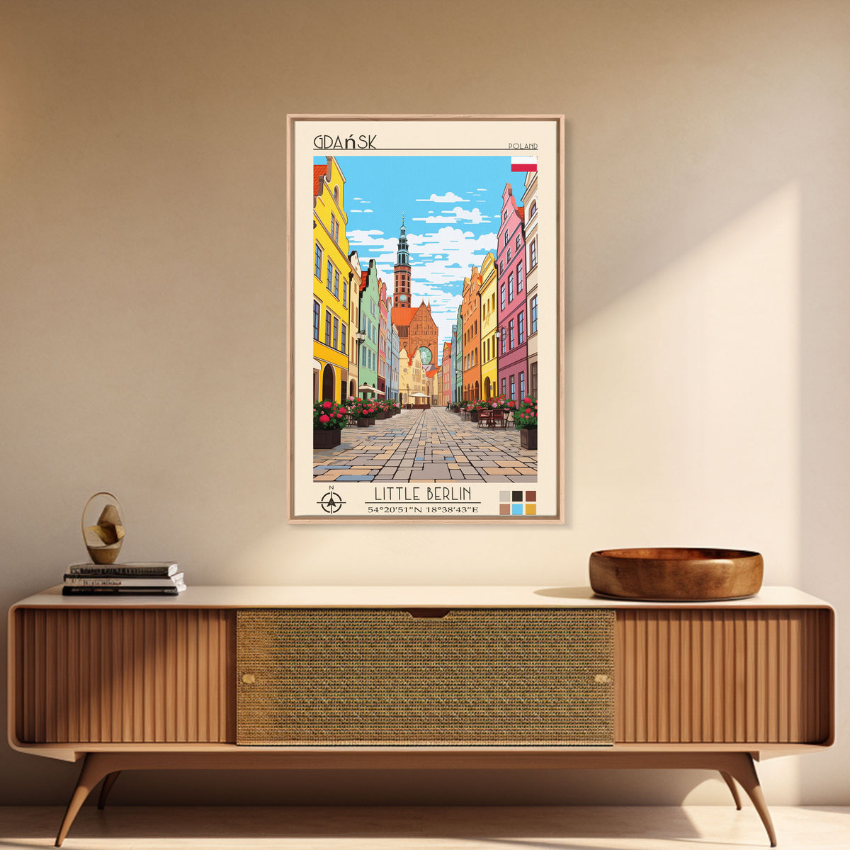 Gdańsk Poland Travel Poster Framed Canvas Print, Vintage Style, Pop Art Home Decor, Scenic Wall Art, Bedroom Decoration, Office Gift