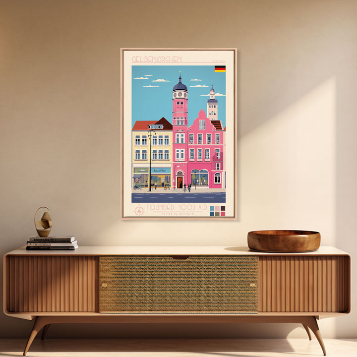 Gelsenkirchen Germany Travel Poster Framed Canvas Print, Midcentury Modern Art, Pop Art Wall Decor, Scenic Living Room Art, Bedroom Gift