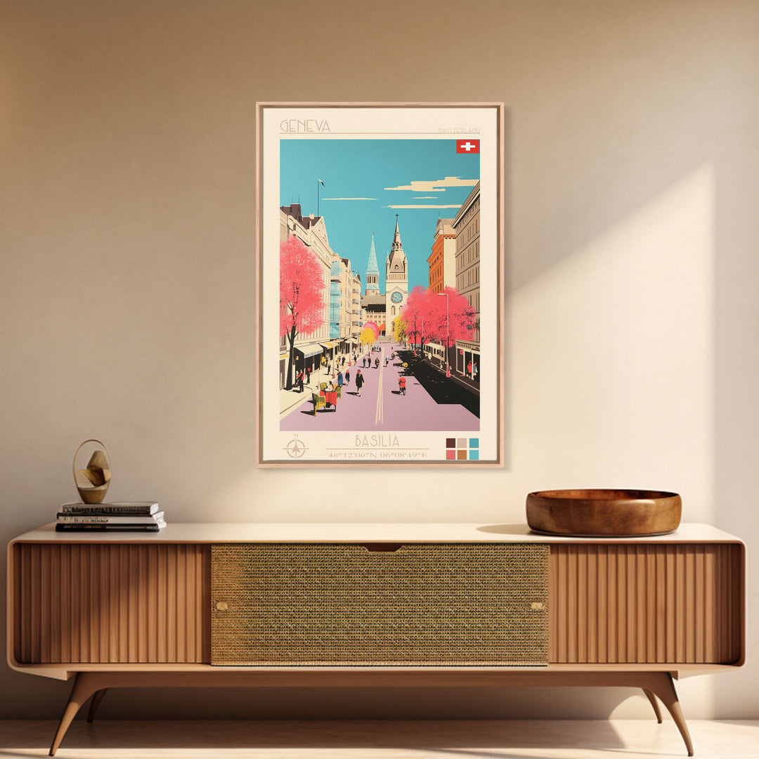 Geneva Switzerland Travel Poster Framed Canvas Print, Midcentury Modern Art, Pop Art Wall Decor, Scenic Wall Art, Living Room Decoration, Office Art