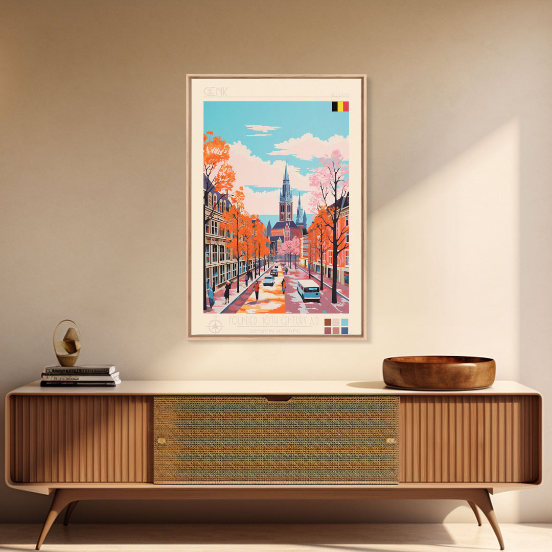 Genk Belgium Travel Poster Framed Canvas Print, Midcentury Modern Art, Pop Art Wall Decor, Home Decor, Vacation Gift, Bedroom Art