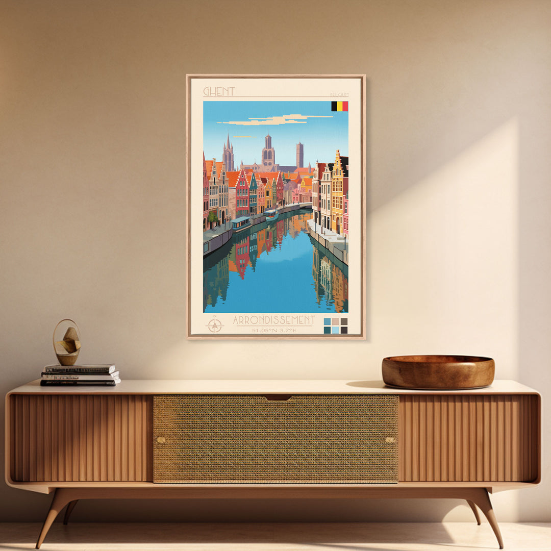 Ghent Belgium Travel Poster Framed Canvas Print, Midcentury Modern Art, Pop Art Wall Decor, Scenic Wall Art, Living Room Decoration, Office Art