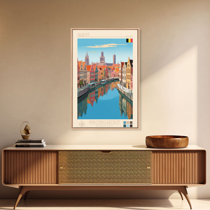 Ghent Belgium Travel Poster Framed Canvas Print, Midcentury Modern Art, Pop Art Wall Decor, Scenic Wall Art, Living Room Decoration, Office Art
