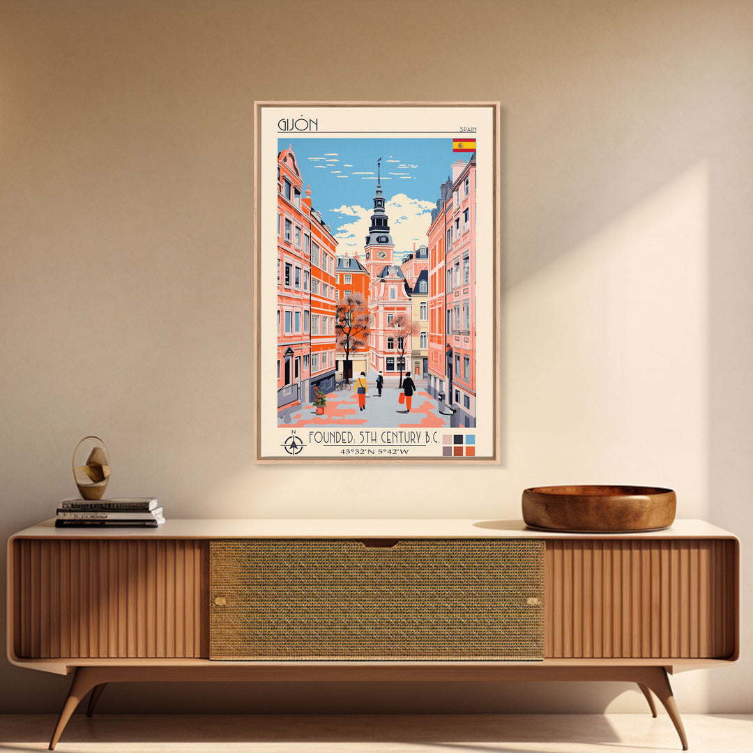 Gijón Spain Travel Poster Framed Canvas Print, Midcentury Modern Art, Pop Art Wall Decor, Scenic Wall Art, Living Room Decoration, Office Art