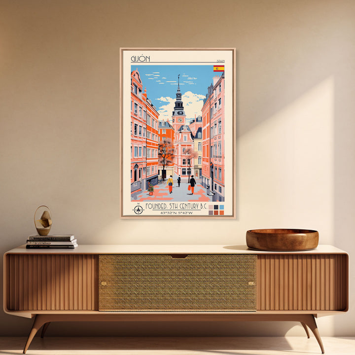 Gijón Spain Travel Poster Framed Canvas Print, Midcentury Modern Art, Pop Art Wall Decor, Scenic Wall Art, Living Room Decoration, Office Art