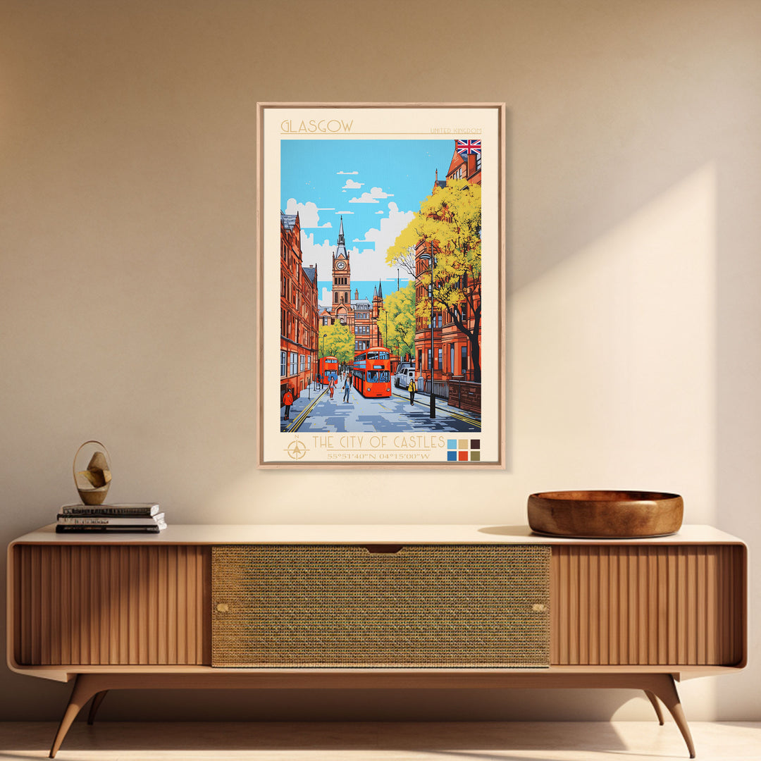Glasgow United Kingdom Travel Poster Framed Canvas Print, Midcentury Modern Art, Pop Art Wall Decor, Scenic Bedroom Art, Office Decoration