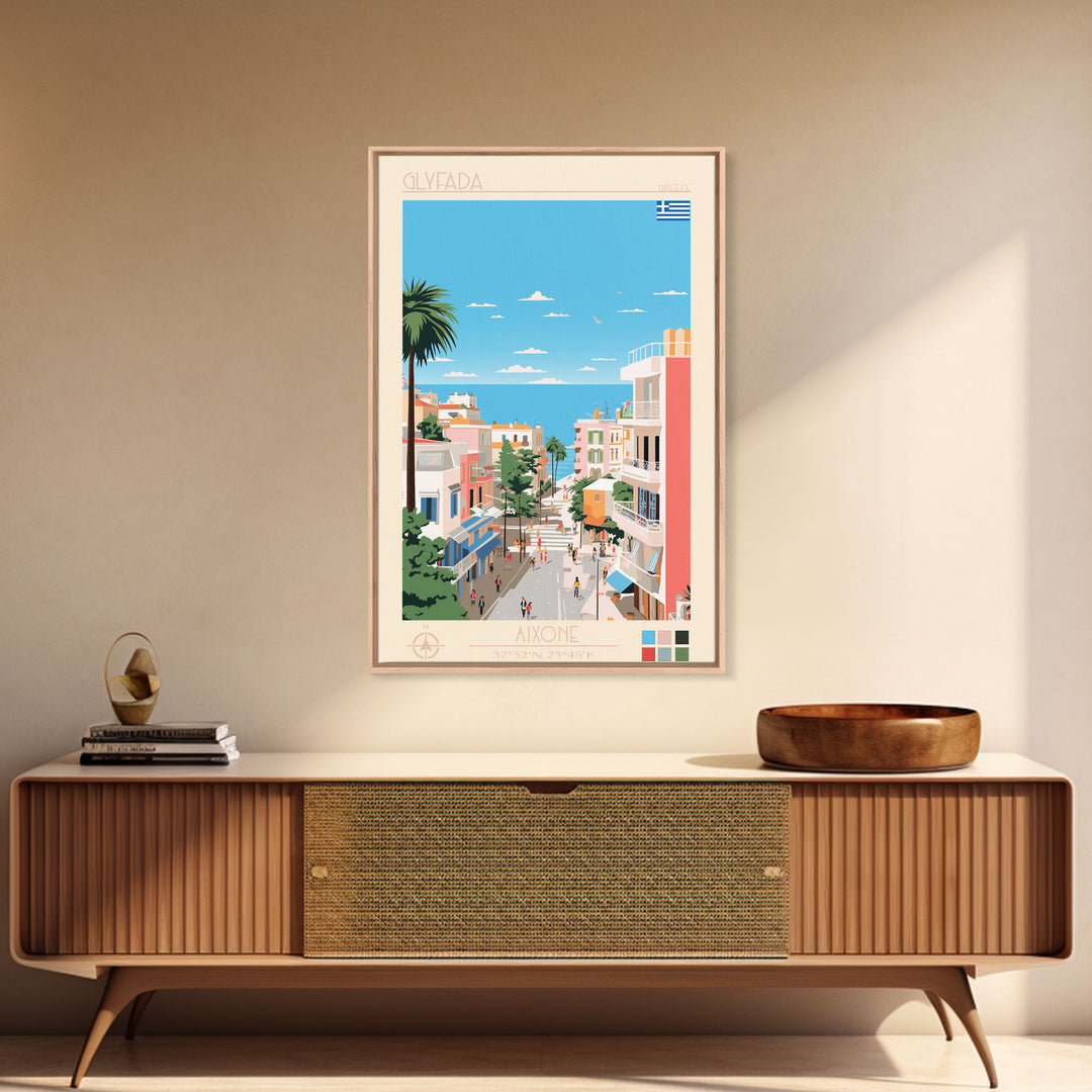 Glyfada Greece Travel Poster Framed Canvas Print, Midcentury Modern Art, Pop Art Wall Decor, Scenic Wall Art, Bedroom Decoration, Office Art