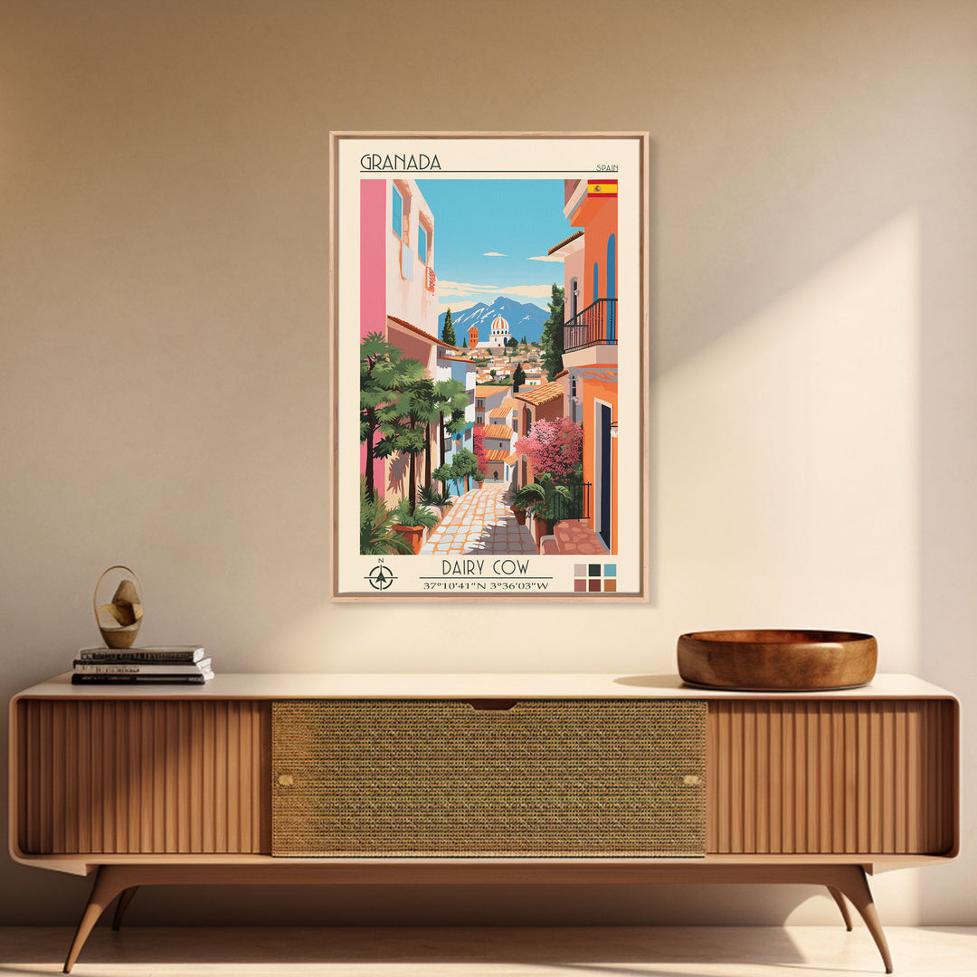 Granada Spain Travel Poster Framed Canvas Print, Midcentury Modern Art, Pop Art Wall Decor, Scenic Living Room Art, Bedroom Decor