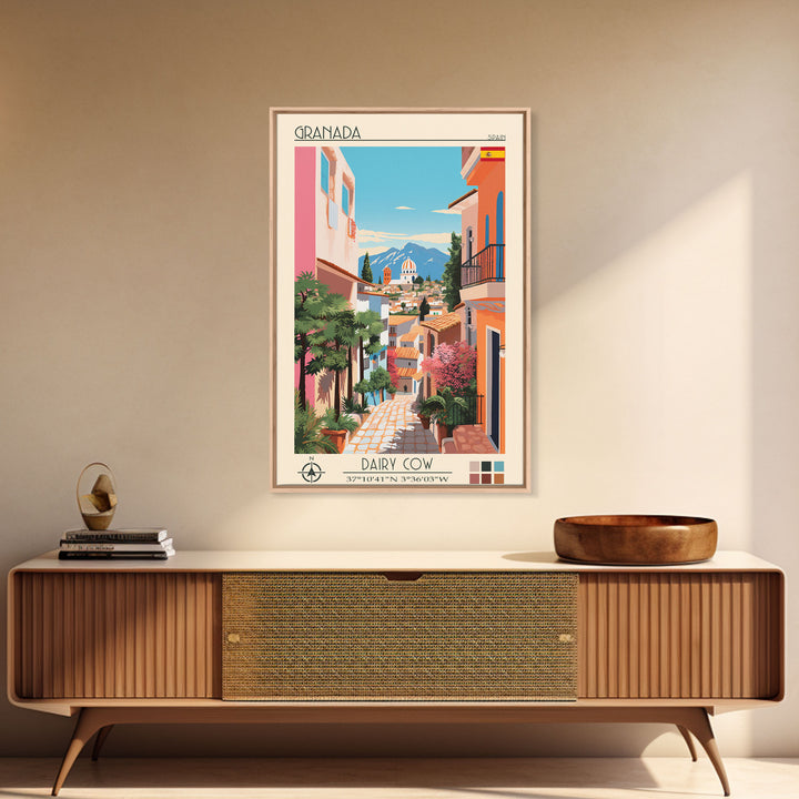 Granada Spain Travel Poster Framed Canvas Print, Midcentury Modern Art, Pop Art Wall Decor, Scenic Living Room Art, Bedroom Decor