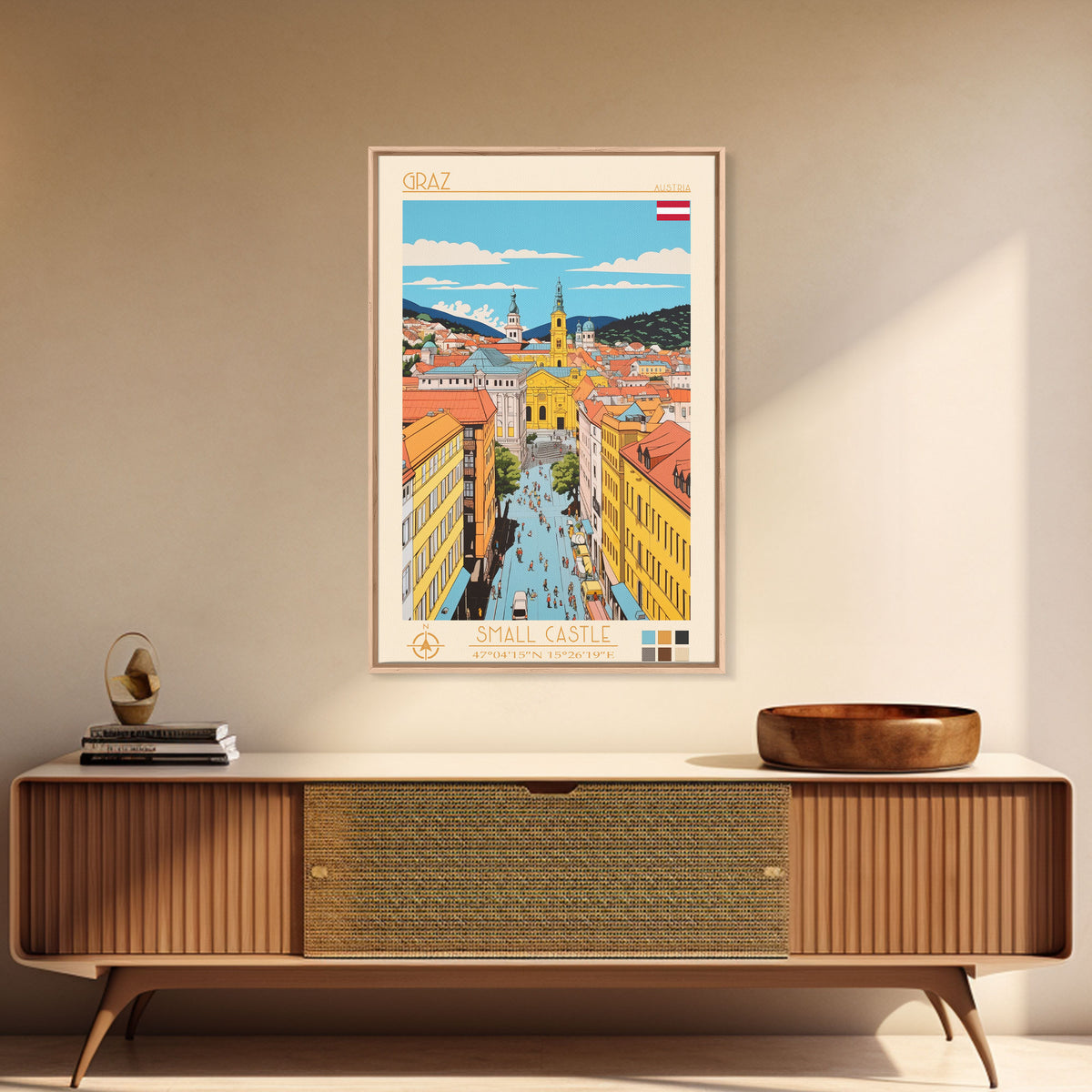 Graz Austria Travel Poster Framed Canvas Print, Vintage Style, Pop Art Home Decor, Scenic Wall Art, Bedroom Decoration, Office Gift