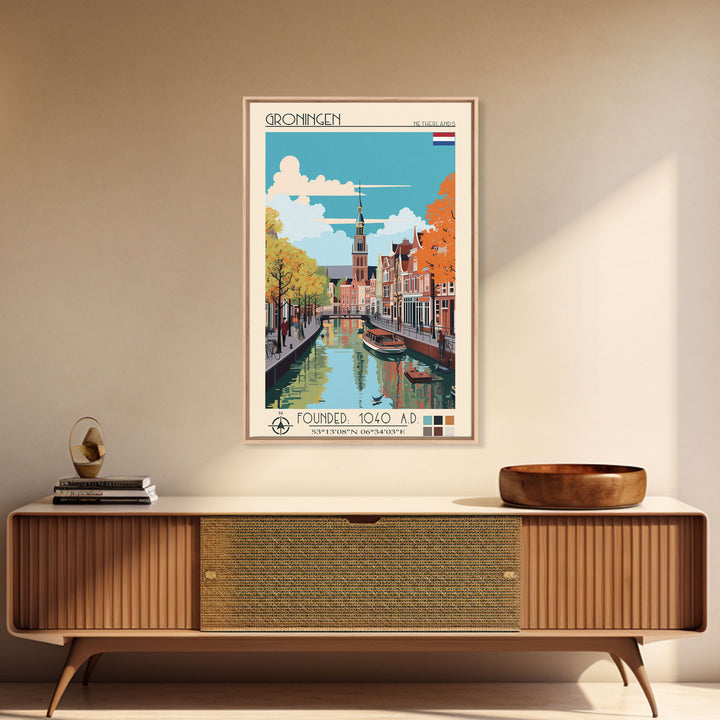 Groningen Netherlands Travel Poster Framed Canvas Print, Midcentury Modern Art, Pop Art Wall Decor, Scenic Living Room Art, Bedroom Gift