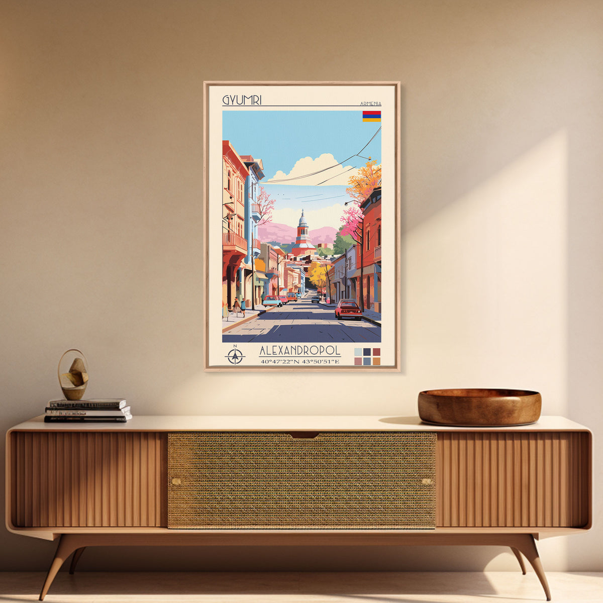 Gyumri Armenia Travel Poster Framed Canvas Print, Midcentury Modern Art, Pop Art Wall Decor, Home Decor, Vacation Gift, Bedroom Art