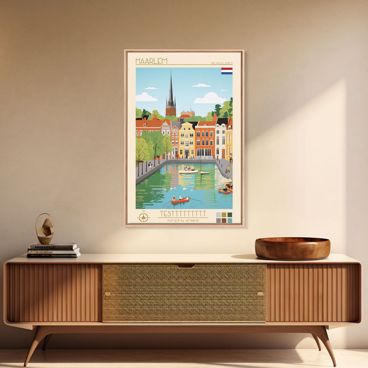 Haarlem Netherlands Travel Poster Framed Canvas Print, Midcentury Modern Art, Pop Art Wall Decor, Scenic Bedroom Art, Office Decoration