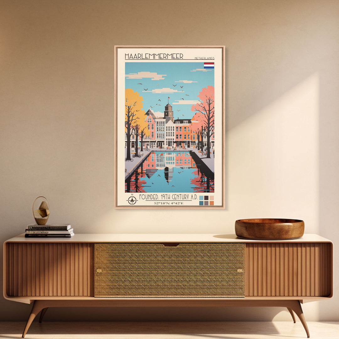 Haarlemmermeer Netherlands Travel Poster Framed Canvas Print, Midcentury Modern Art, Pop Art Wall Decor, Scenic Wall Art, Living Room Decoration, Office Art