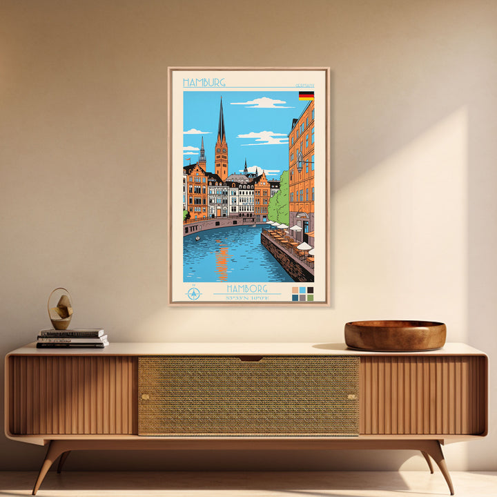 Hamburg Germany Travel Poster Framed Canvas Print, Midcentury Modern Art, Pop Art Wall Decor, Scenic Wall Art, Bedroom Decoration, Office Art
